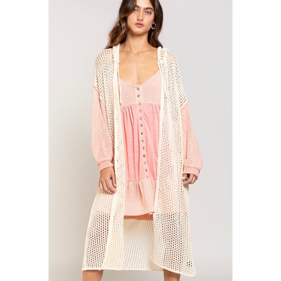 POL Sweaters - POL Pink Salt & Cream Open Weave Hooded Summer Cardigan